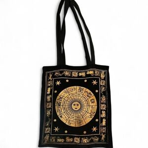 Extra large black canvas tote bag with sunburst design zodiac theme astrology